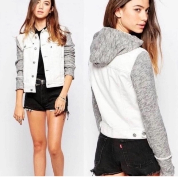 Free People Distressed White Denim Button Up Hooded Jacket Gray thermal Contrast - Picture 1 of 16